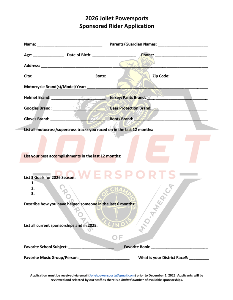 Joliet Powersports Application for Sponsorship (Must Be Emailed - Do Not Put In Cart) "Read the Description"