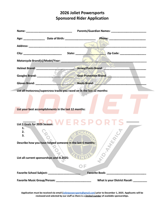 Joliet Powersports Application for Sponsorship (Must Be Emailed - Do Not Put In Cart) "Read the Description"